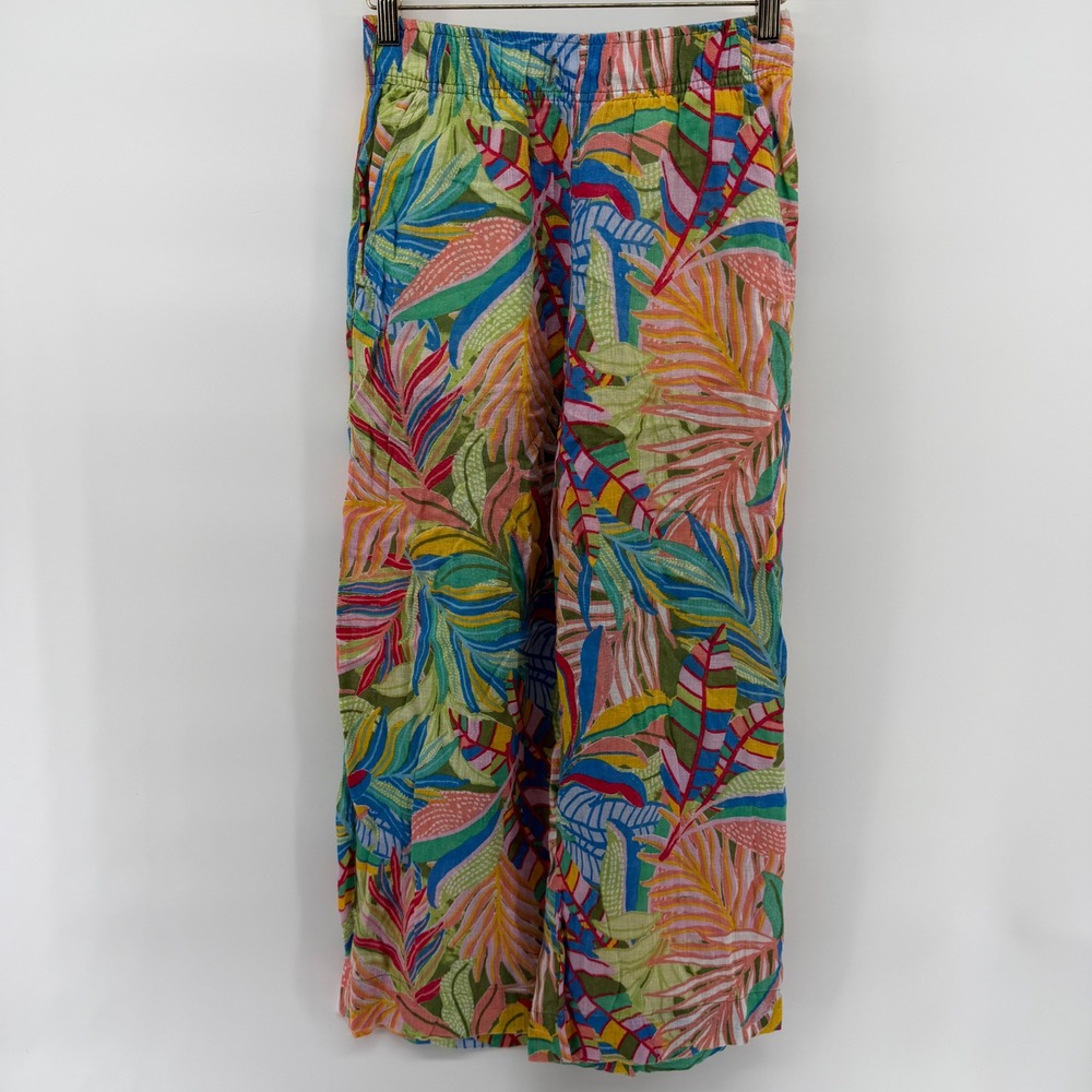 C&C California Women XS Linen Wide Leg Tropical Leaf Print Pants Multicolor
